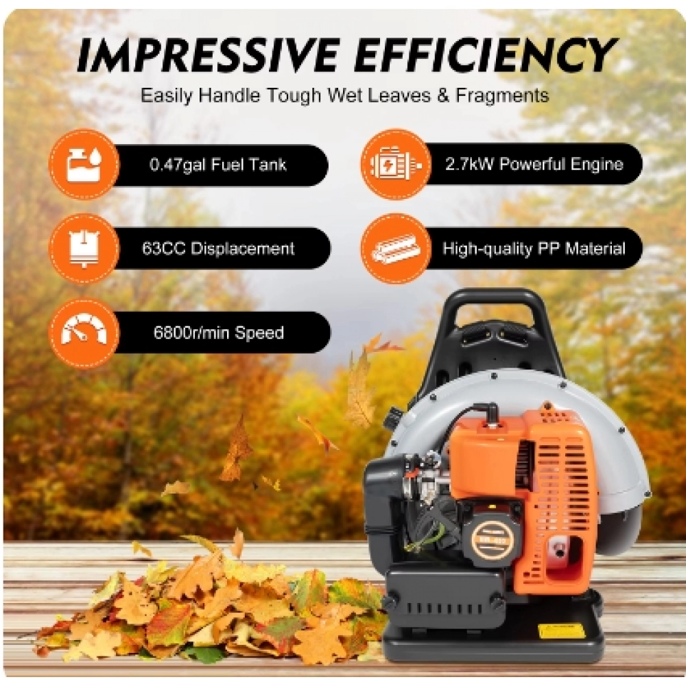65CC 2 Stroke Petrol Backpack Leaf Air-cooled Blower Commercial Garden Yard Tool 2.7 kw 6800r/min