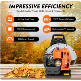 65CC 2 Stroke Petrol Backpack Leaf Air-cooled Blower Commercial Garden Yard Tool 2.7 kw 6800r/min
